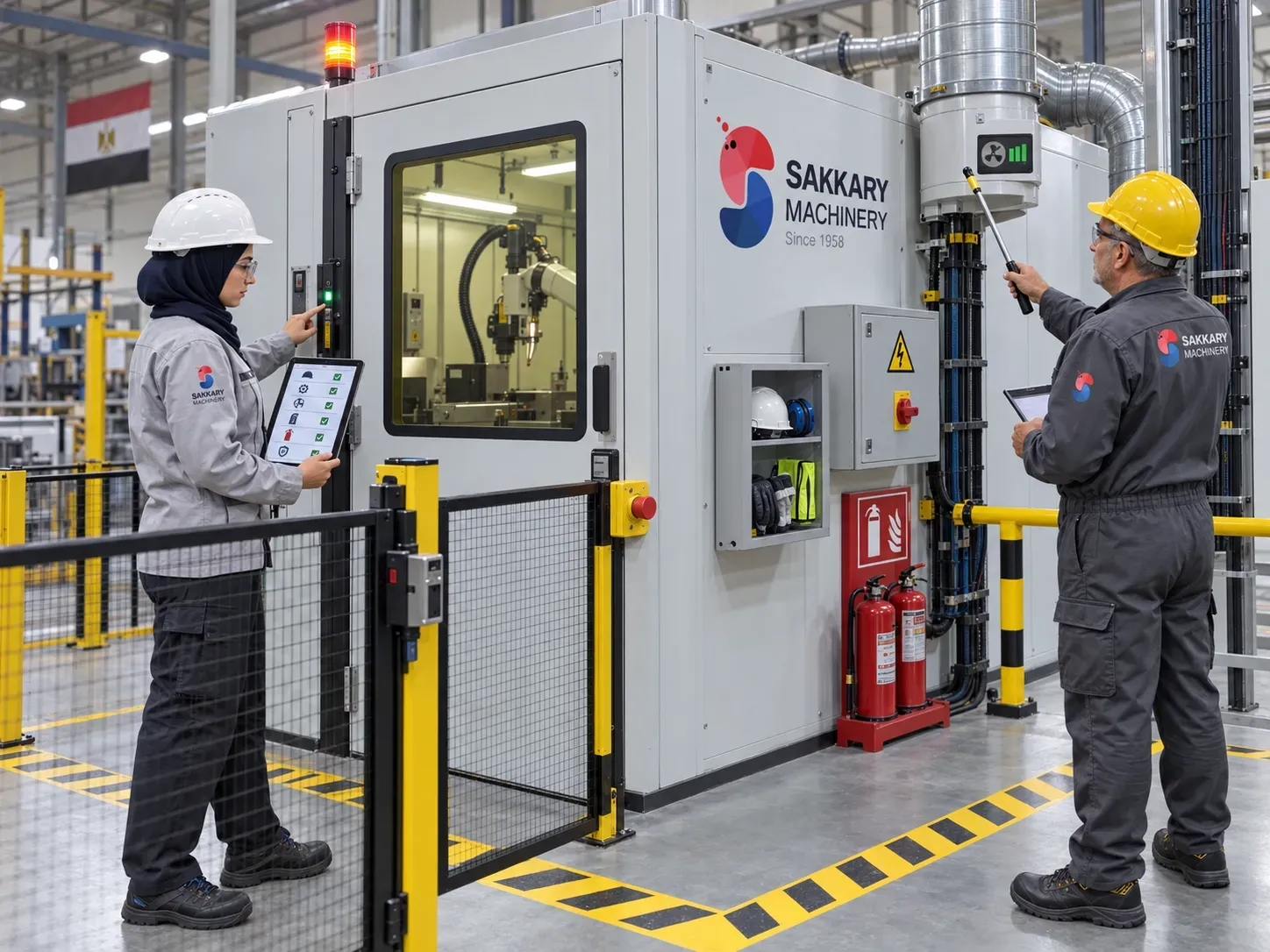 Safety team reviewing a controlled laser welding work area