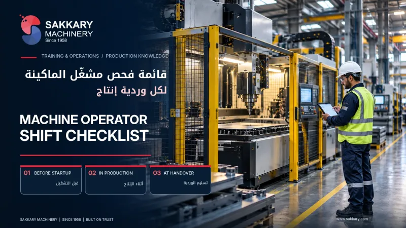 مشغل ماكينة يستكمل قائمة فحص ما قبل التشغيل بجوار ماكينة صناعية في بداية الوردية