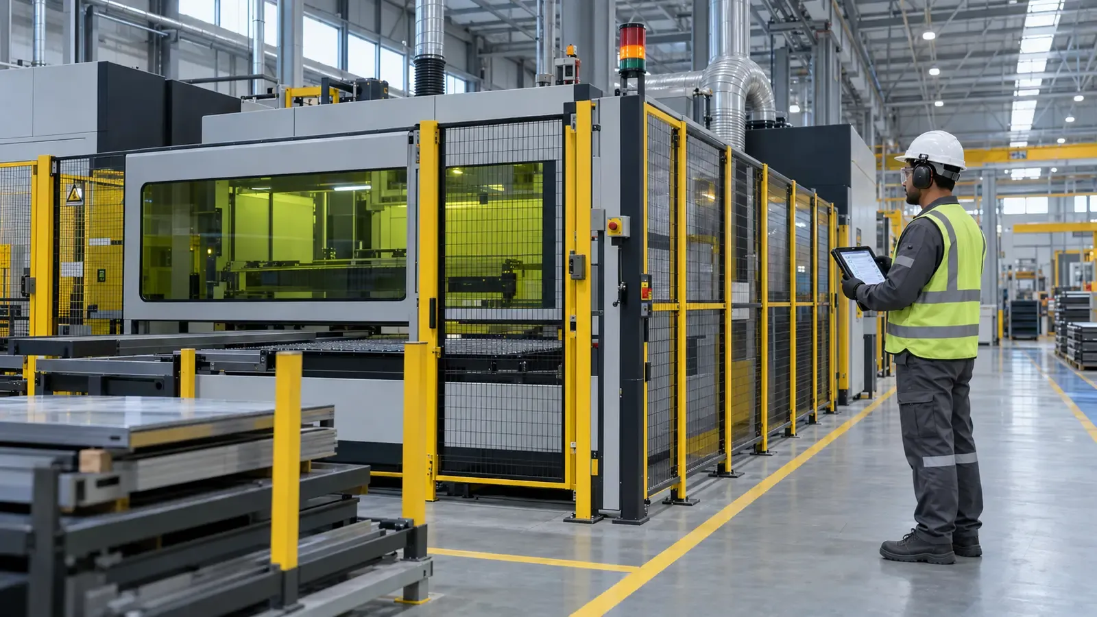 Machine operator completing a pre-start checklist beside an industrial machine at the beginning of a factory shift