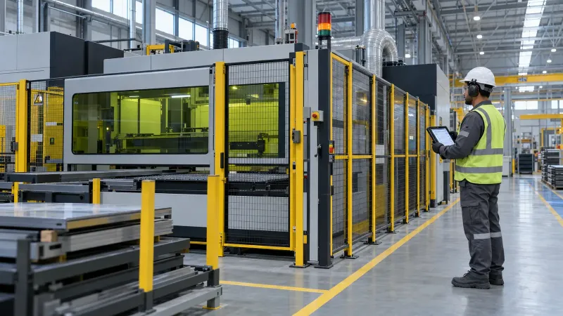 Machine operator completing a pre-start checklist beside an industrial machine at the beginning of a factory shift