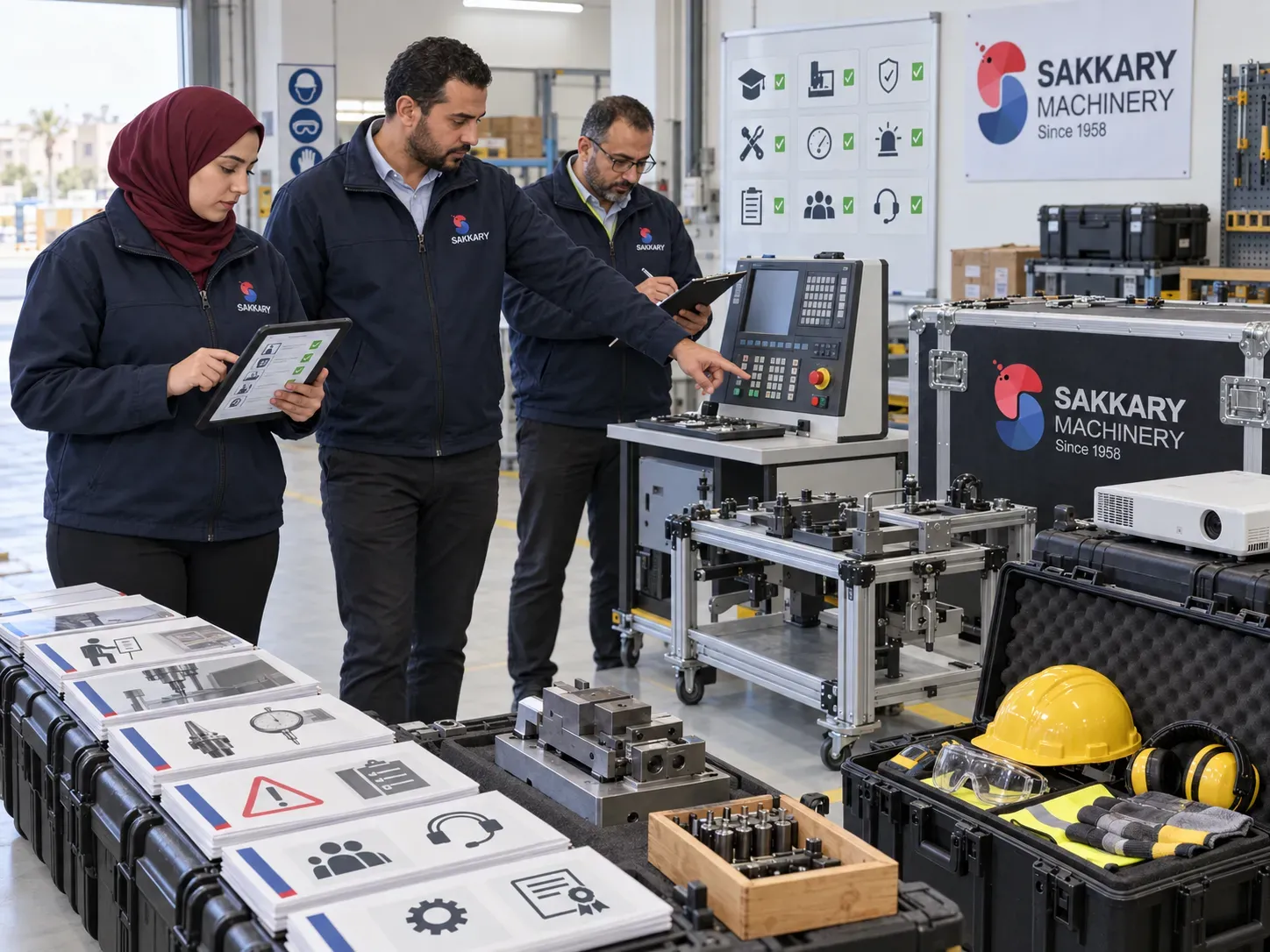 فريق الهندسة والمشتريات يراجع قائمة فحص شراء تدريب مشغلي الماكينات