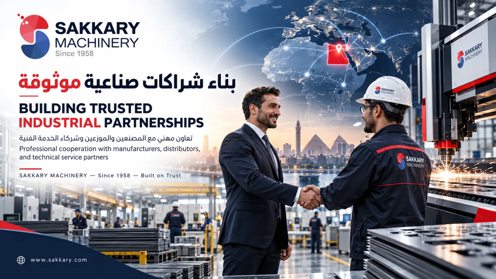 Industrial business and engineering professionals discussing a regional machinery partnership inside a modern factory.