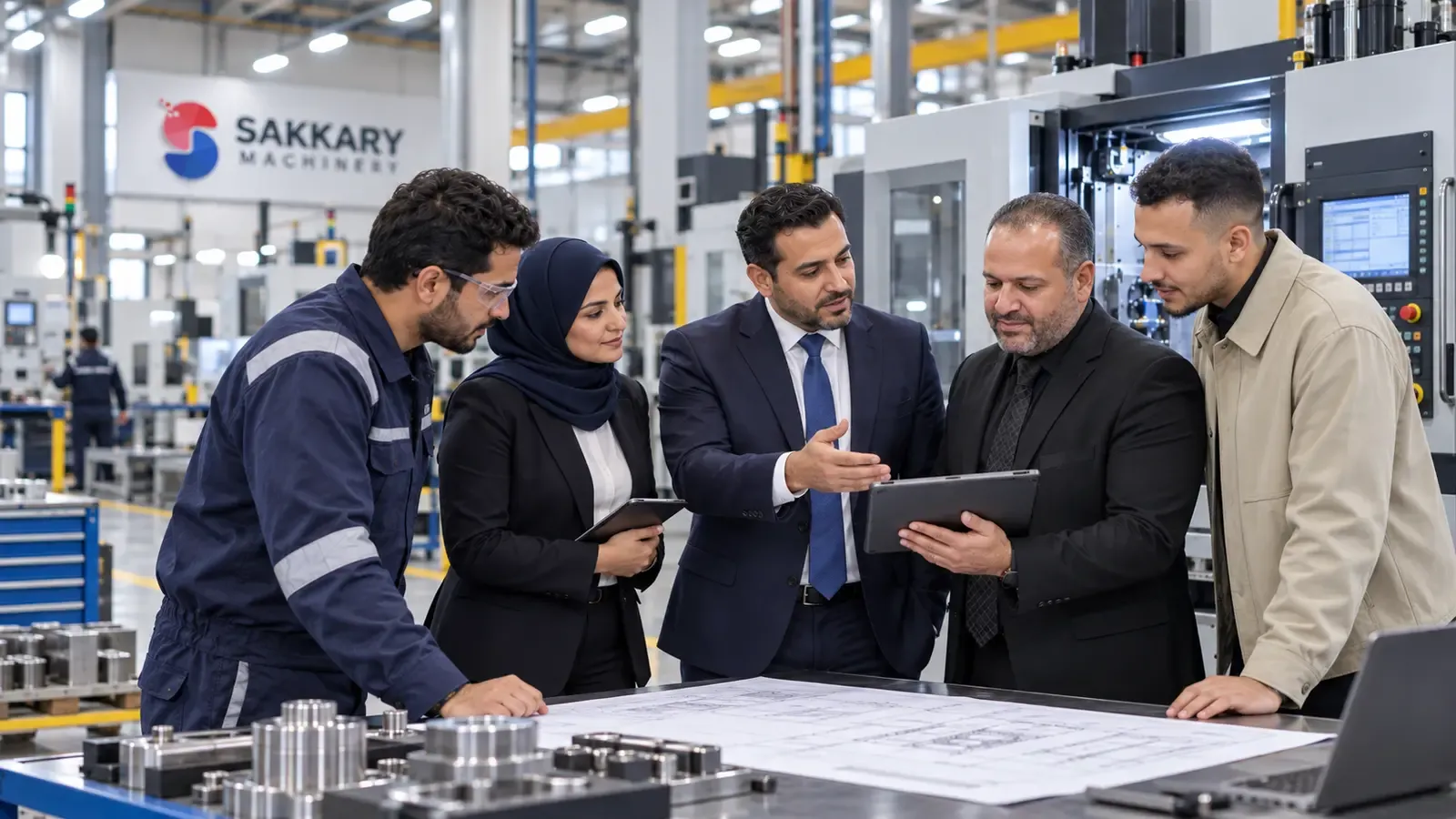 متخصصون في الأعمال والهندسة يناقشون شراكة إقليمية للماكينات داخل مصنع حديث.
