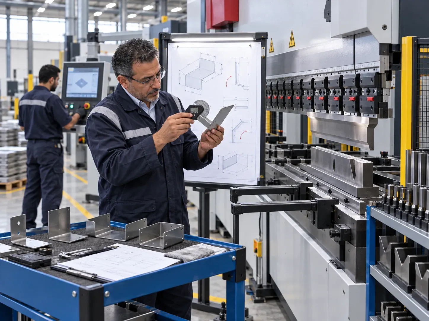 مهندس يراجع متطلبات مكابس الثني Press Brake مع رسومات الإنتاج