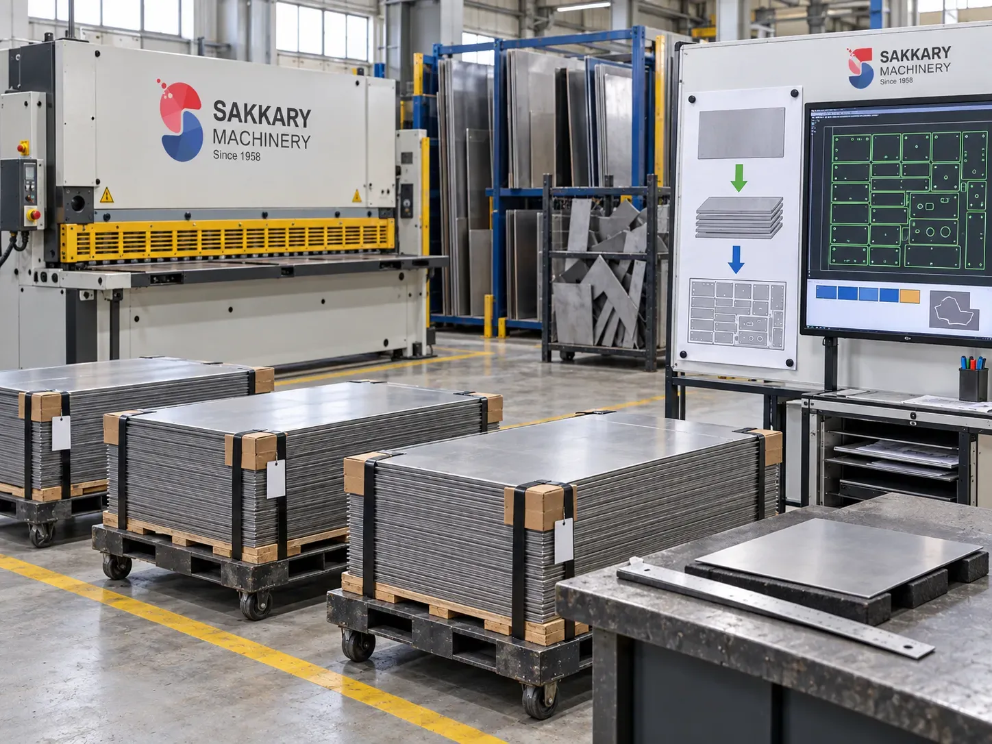 Straight sheet metal blanks beside a shear and laser cutting plan