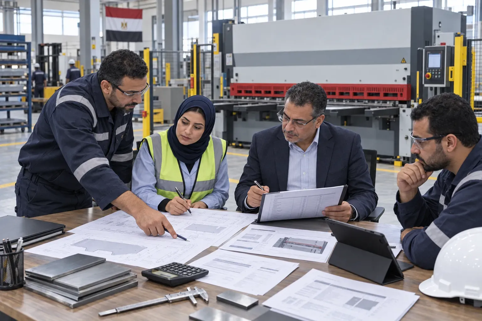 Engineering and procurement team checking a sheet metal shears purchase checklist
