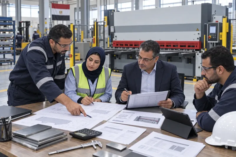 فريق الهندسة والمشتريات يراجع قائمة فحص شراء مقصات الصاج