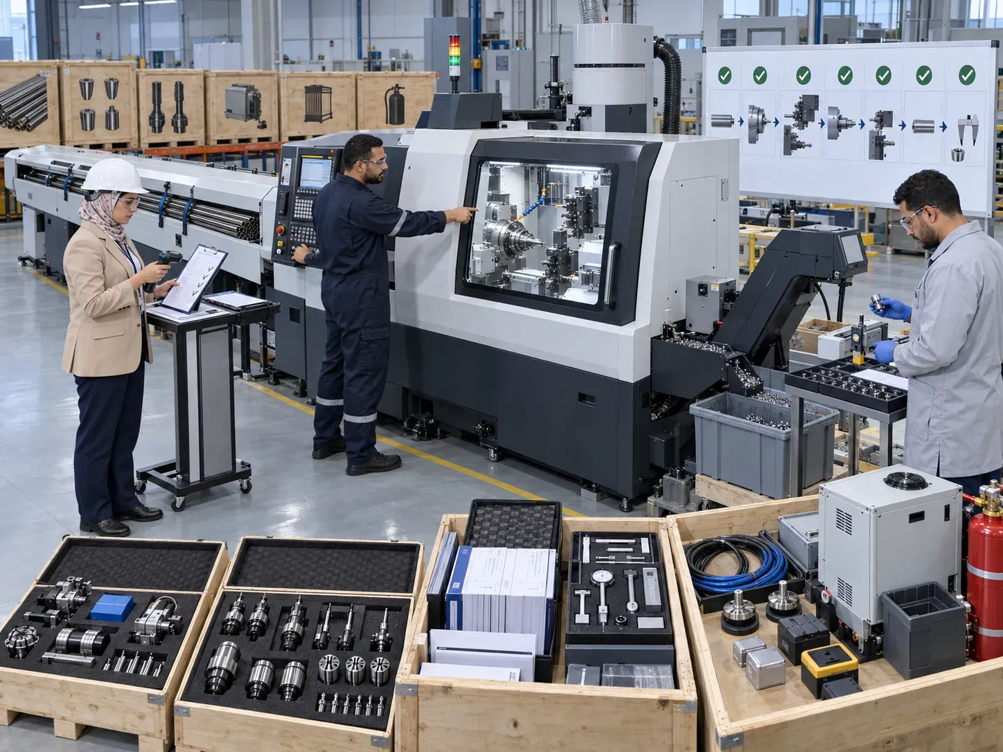 فريق الهندسة والمشتريات يراجع قائمة فحص شراء مخارط Swiss-Type CNC