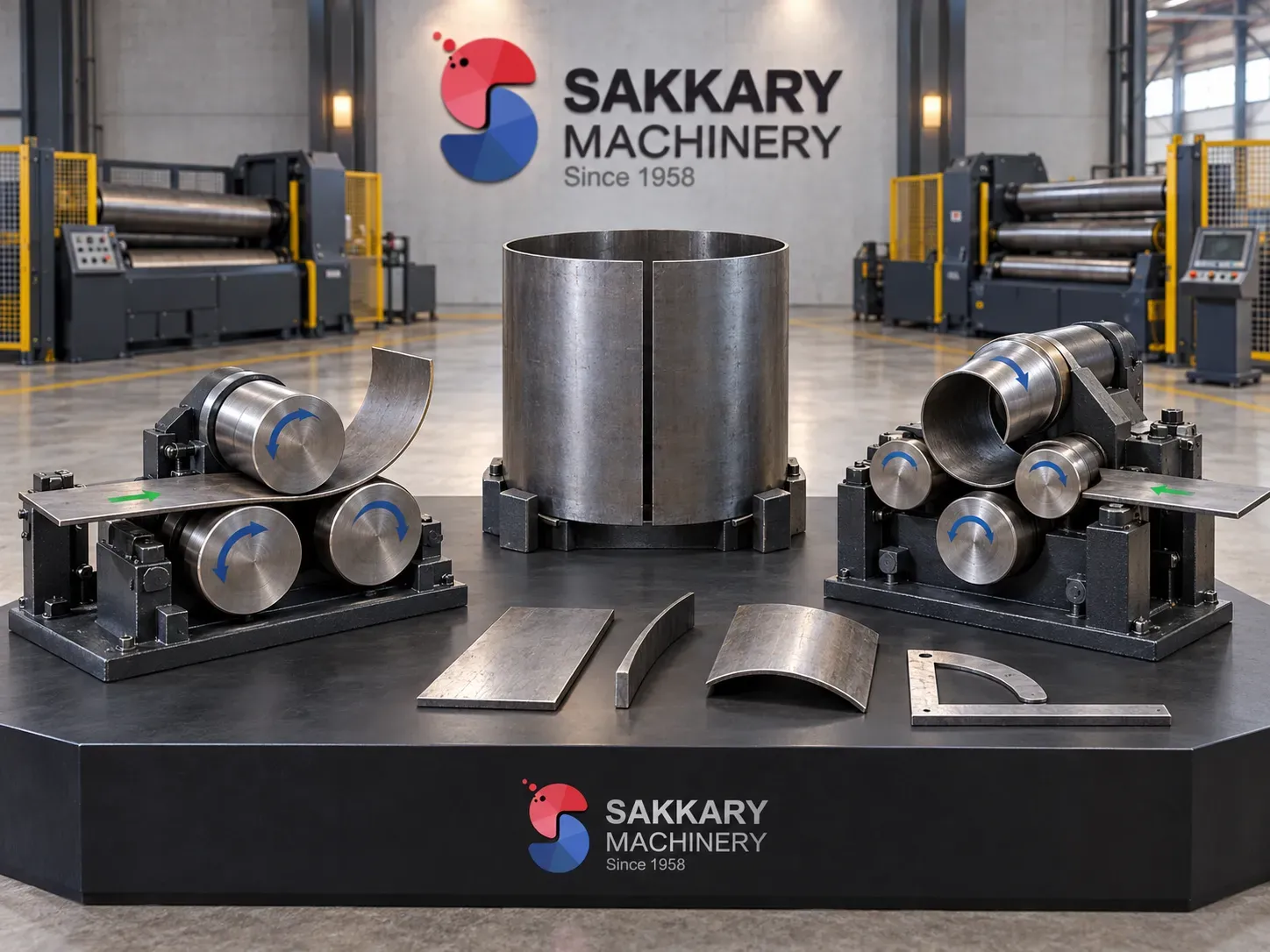 Three-roll and four-roll plate rolling layouts beside a cylindrical shell