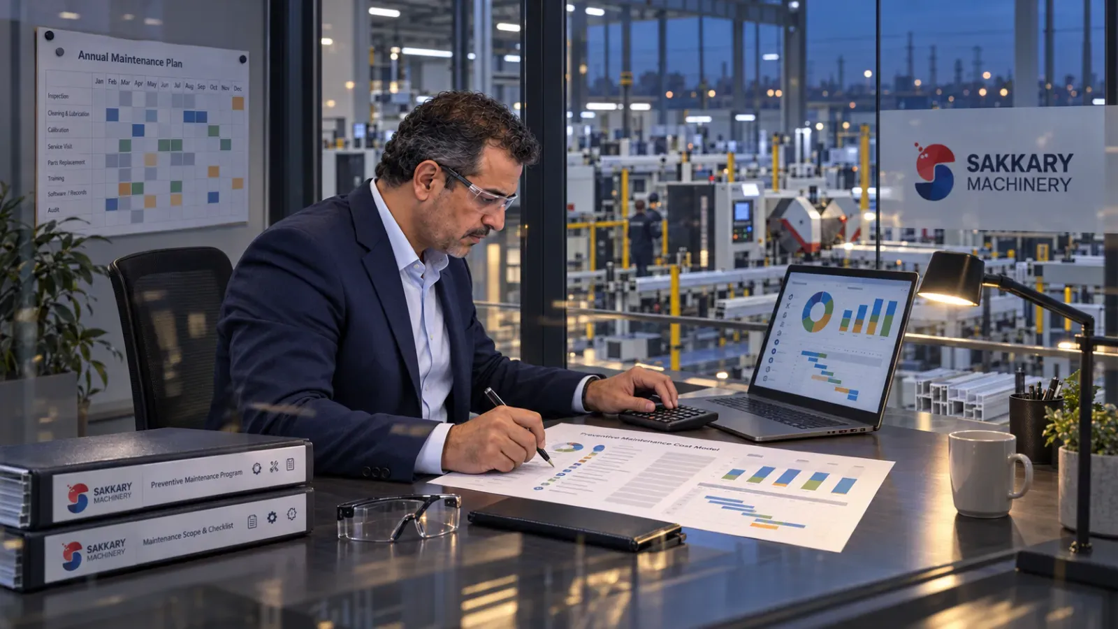 Factory manager calculating the operating cost of preventive maintenance programs