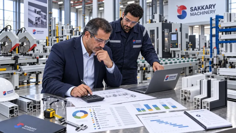 Factory manager calculating the operating cost of aluminum and PVC machinery