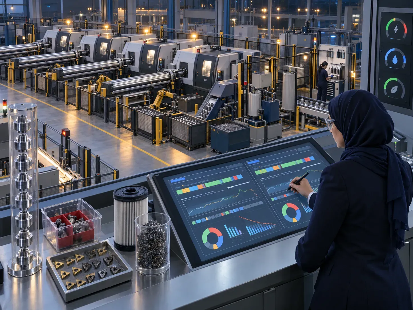 Factory manager calculating the operating cost of CNC lathes