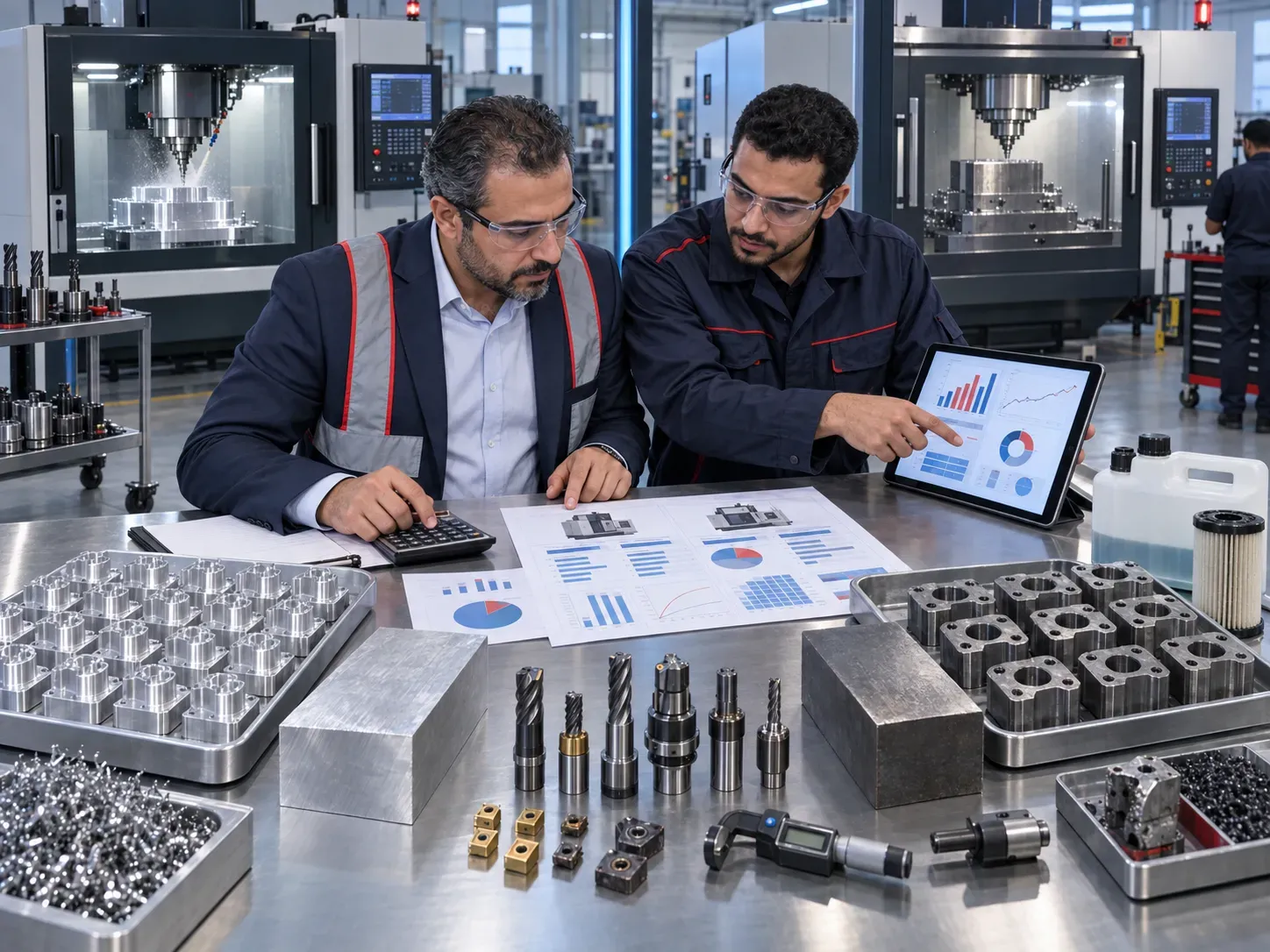 مدير مصنع يحسب تكلفة تشغيل ماكينات تفريز CNC