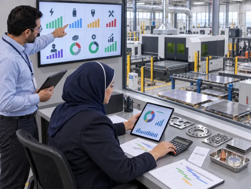 مدير مصنع يحسب تكلفة تشغيل ماكينات الفايبر ليزر