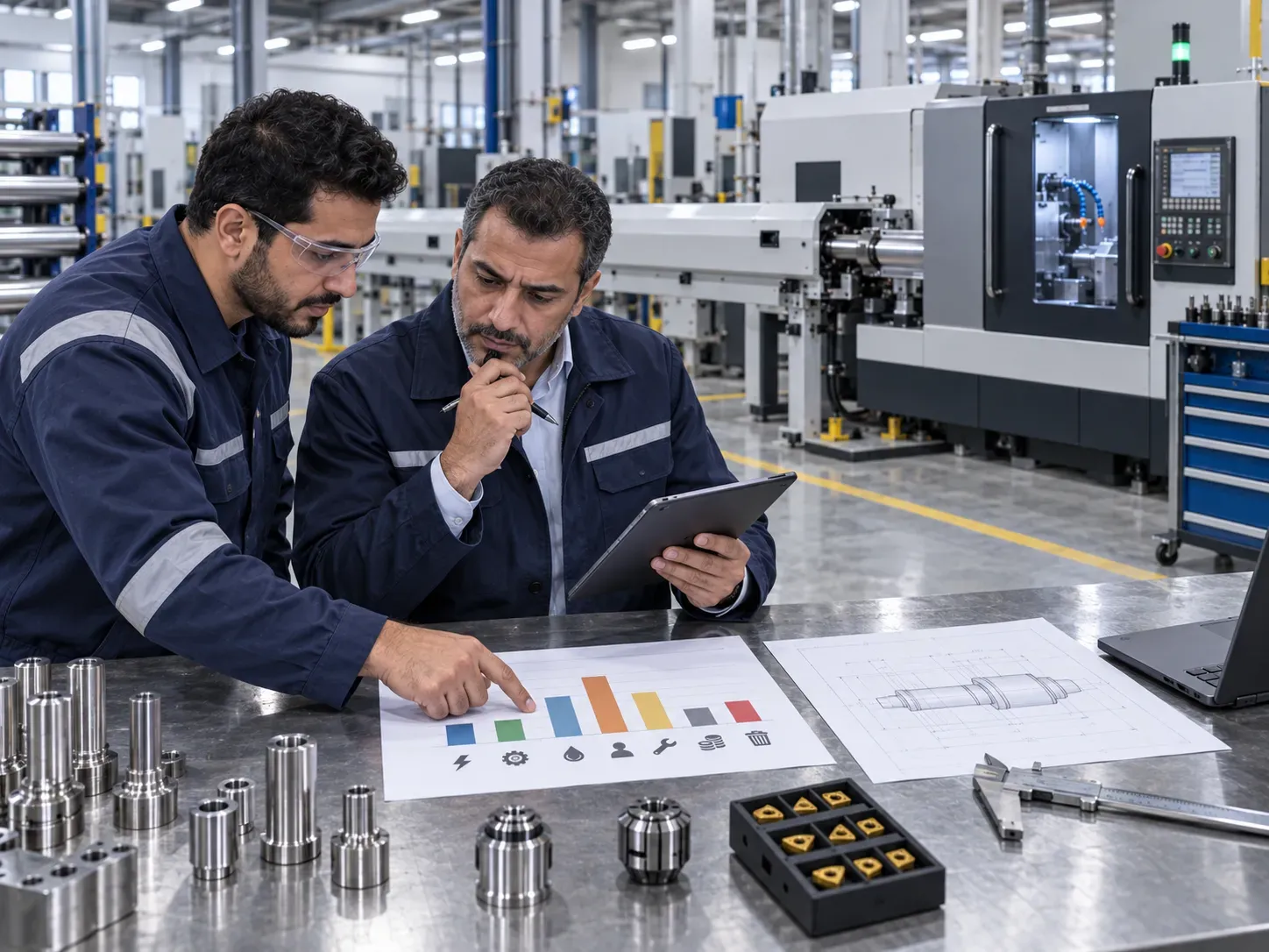 مدير مصنع يحسب تكلفة تشغيل مخارط Swiss-Type CNC