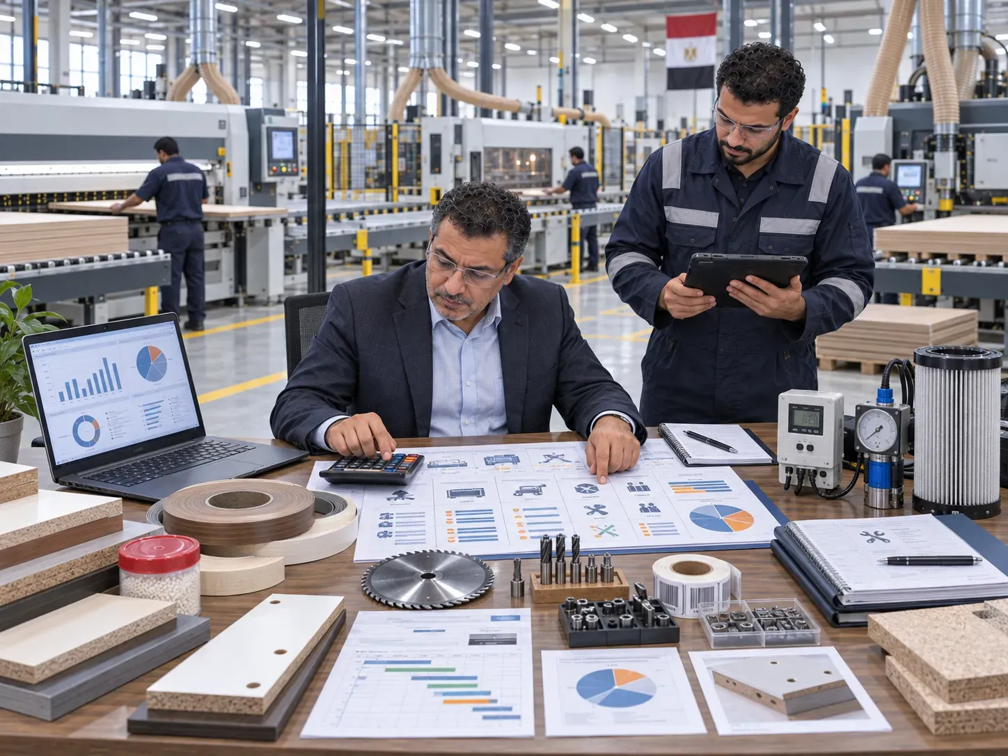 Factory manager calculating the operating cost of woodworking machinery lines