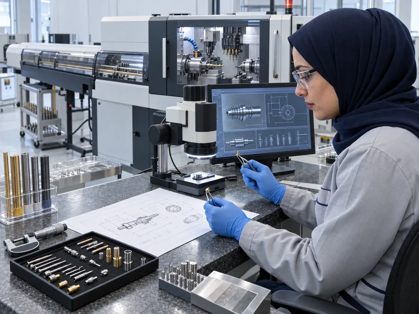Engineer reviewing Swiss-type CNC lathes requirements with production drawings