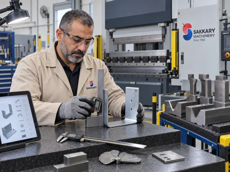 مفتش يقيس قطعة صاج مثنية بجوار أدوات Press Brake