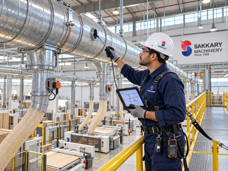 مهندس يراجع مجاري شفط الأتربة أعلى ماكينات النجارة