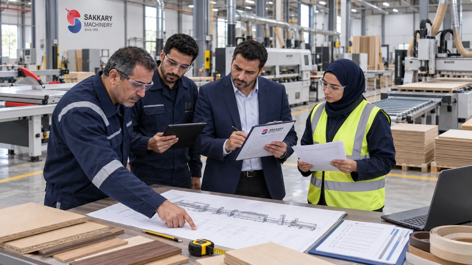 فريق الهندسة والمشتريات يراجع قائمة فحص شراء خطوط ماكينات النجارة