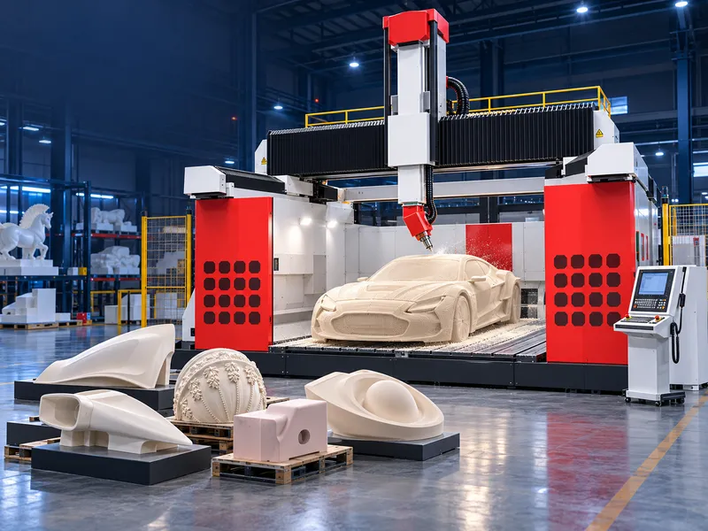 5-axis gantry moving CNC router machining a large non-metal workpiece