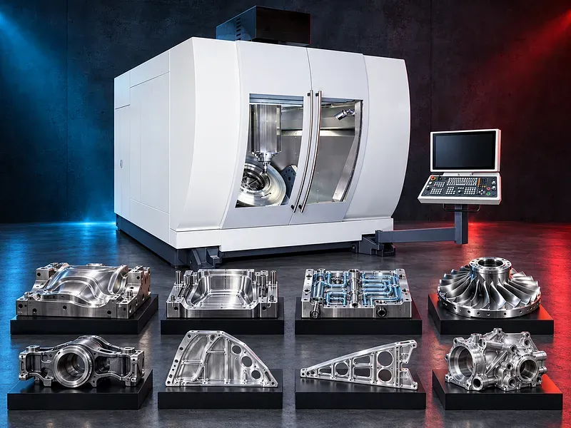 5 axis gantry machining center with bridge structure rotary milling head large worktable and enclosed machining area