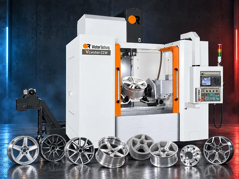 CNC alloy wheel machining center processing a wheel blank