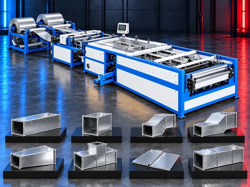 Linear automatic duct production line for forming rectangular HVAC duct sections