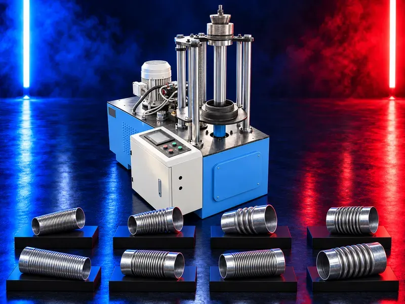 Tube forming machine converting a straight round metal tube into a corrugated bellows profile