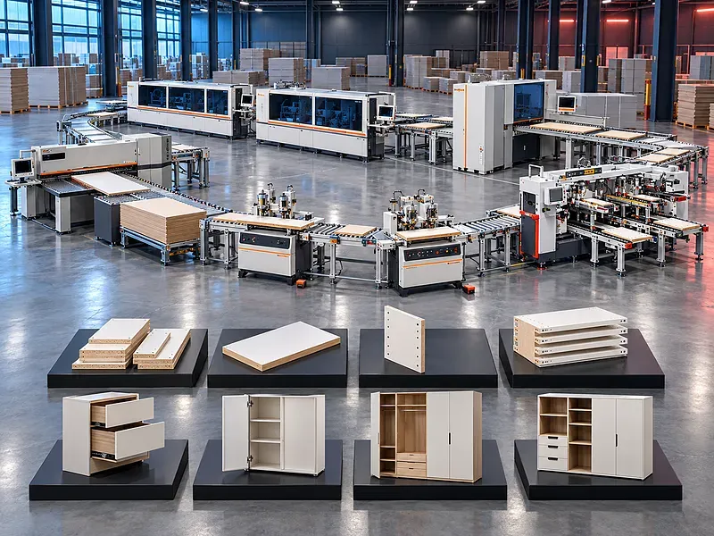 Cabinet production line graphic showing panel cutting edge banding and multiple boring stations