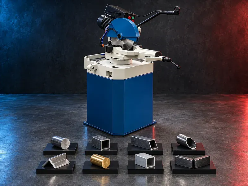 Circular saw cutting machine with swiveling cutting head vice blade guard and work support