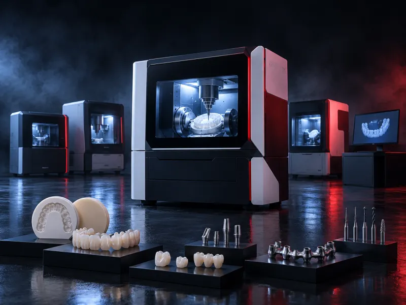 SAKKARY MACHINERY display featuring multiple CNC dental milling machines, digital workstations, and sample dental restorations
