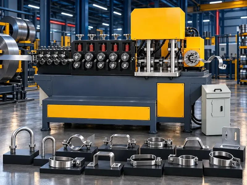 CNC flat iron hoop forming machine for automatic punching bending and cutting of U hoops and pipe clamps