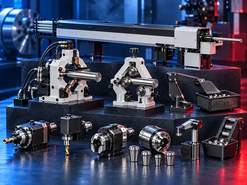 CNC lathe accessories including steady rests, bar feeders, parts catchers and live tooling