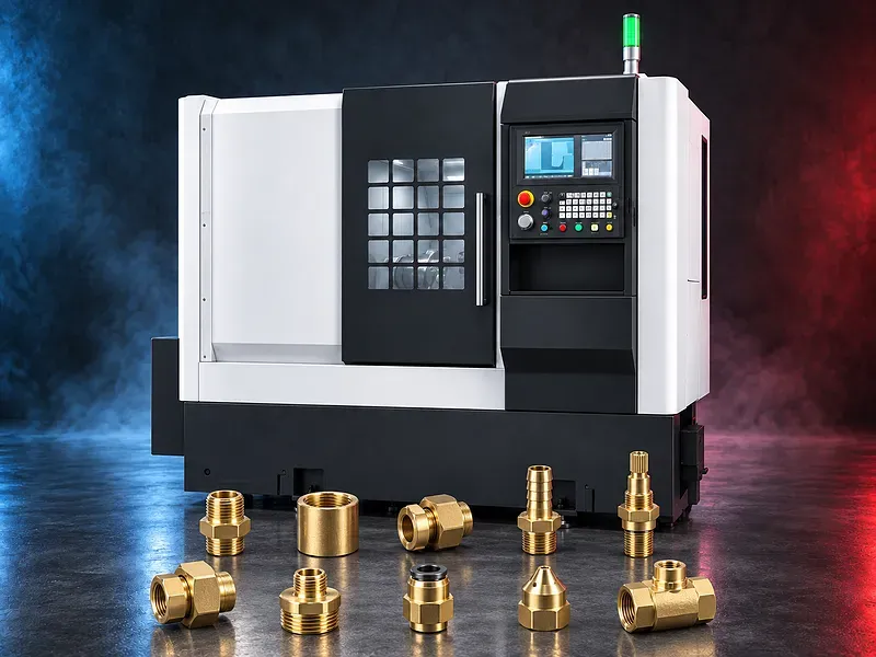 CNC production lathe with chuck, tool turret and control unit