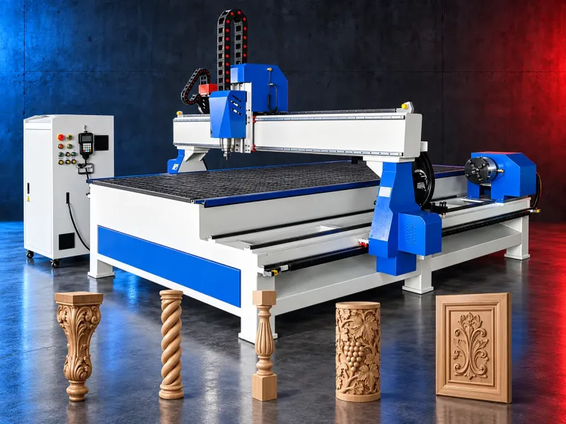 CNC router with rotary attachment holding a cylindrical workpiece