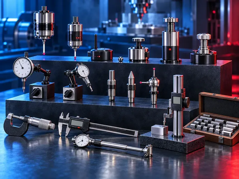 CNC setup and measurement tools including indicators, probes, tool setters and precision measuring instruments