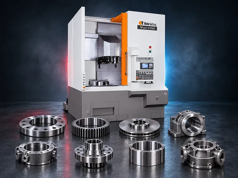 CNC vertical lathe with horizontal chuck, tooling area and control unit