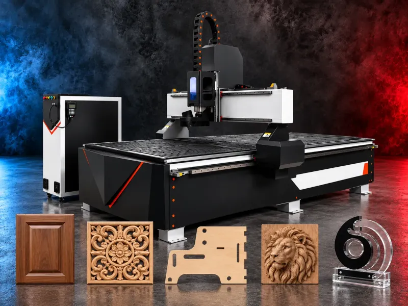 CNC WOOD ROUTER machining a wooden furniture panel