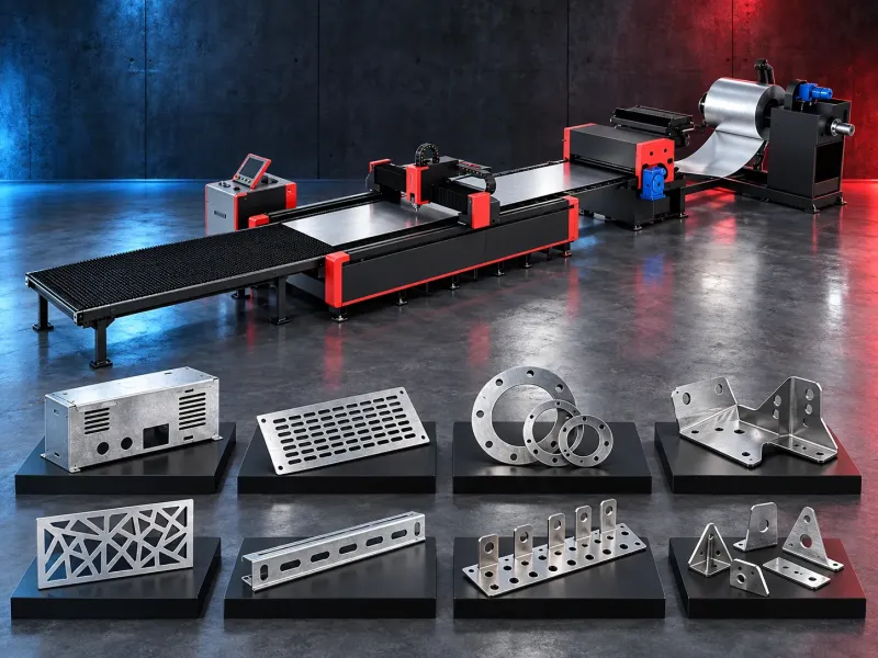 Coil fed laser cutting line with decoiler leveler feeder and open cutting bed