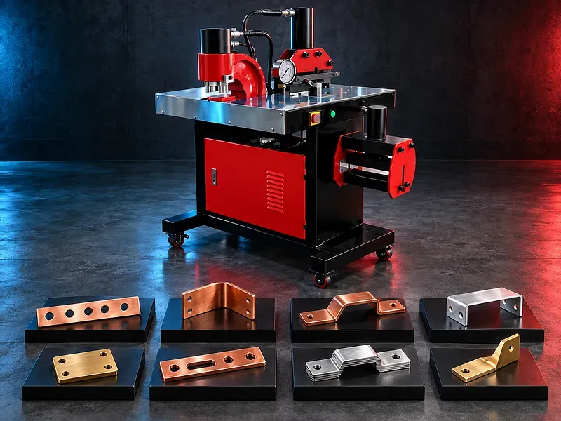 Compact busbar processing machine with bending cutting and punching work units on wheeled base