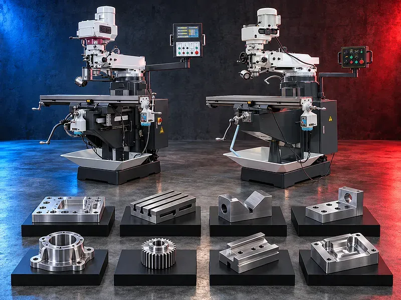 Conventional milling machine with vertical head horizontal spindle worktable and manual controls
