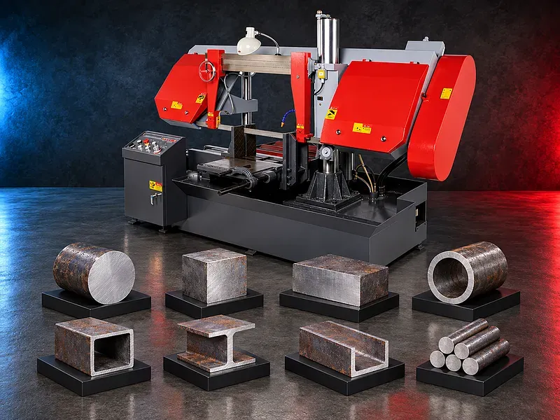 منشار شريطي أفقي بعمودين يقطع قضيبا معدنيا مثبتا