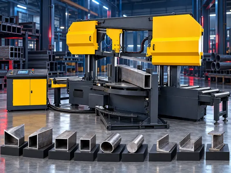 Double-miter horizontal band saw machine for straight and angled cutting of metal profiles and structural sections
