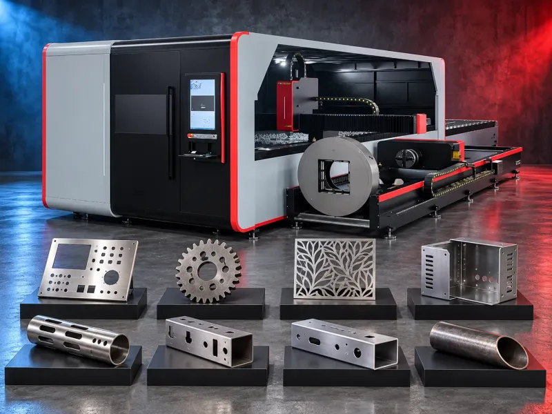 Enclosed fiber laser machine with sheet cutting bed and rotary tube unit