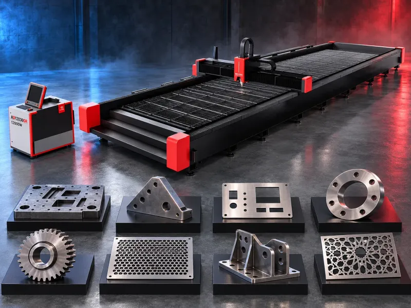 High power fiber laser machine cutting a metal sheet inside the work area