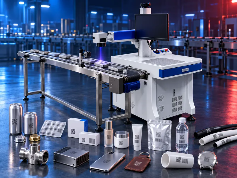 ماكينة Flying Fiber Laser Marking مدمجة مع خط إنتاج أوتوماتيكي