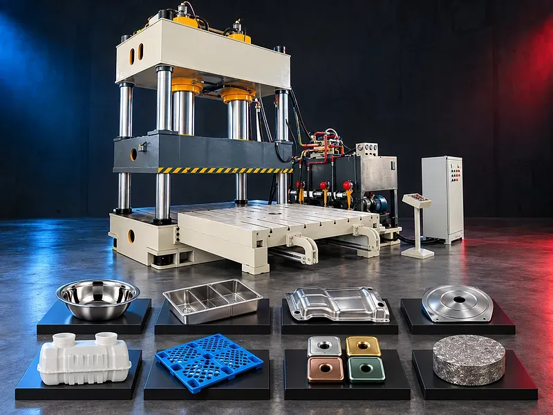Four column hydraulic press shown with a guided slide working table front loading support hydraulic unit control cabinet and example formed products