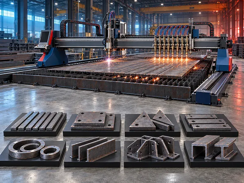 Gantry CNC cutting machine with one plasma station and multiple parallel oxyfuel torches above a slat cutting table