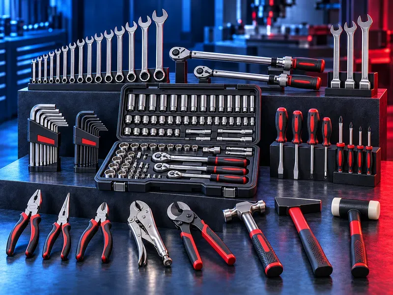 Industrial hand tools including wrenches, socket sets, ratchets, screwdrivers, pliers, cutters and hammers